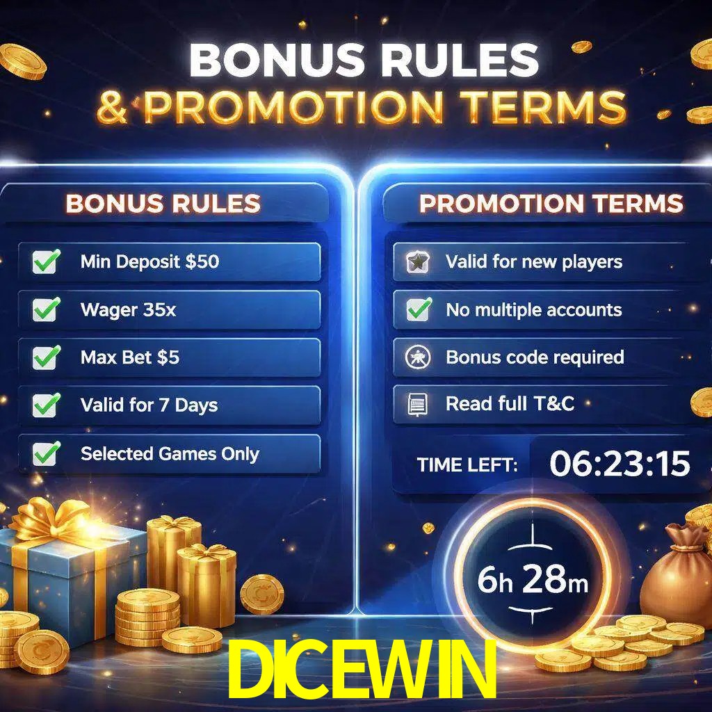 Reglas de promoción DICEWIN y condiciones de bonos explicadas visualmente