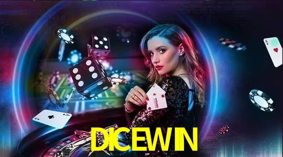 Una escena digital vívida inspirada en casino con DICEWIN mostrado prominentemente, luces brillantes, fichas, cartas y acentos dorados.