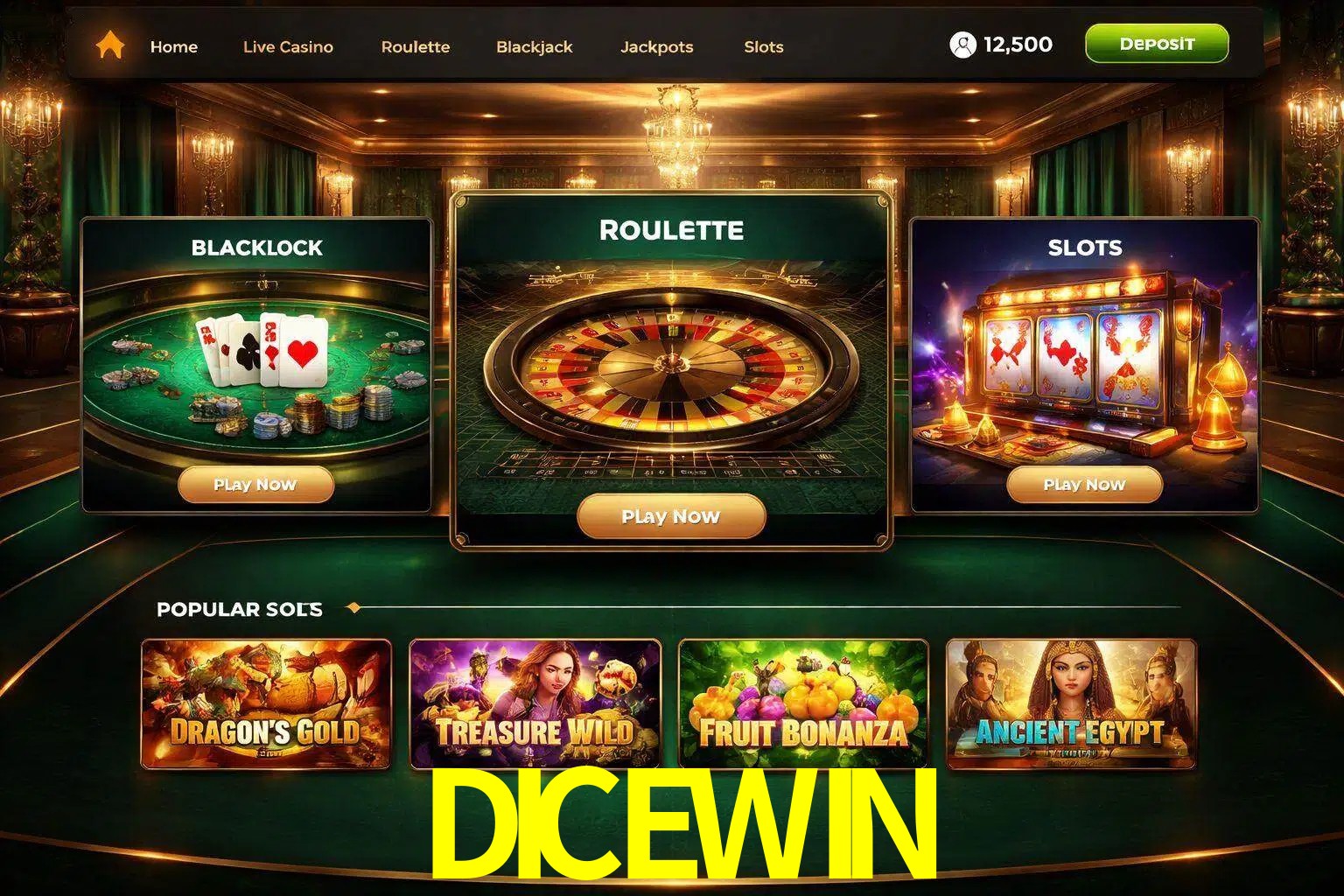 Vista de la plataforma DICEWIN Casino mostrando categorías organizadas de juegos en línea