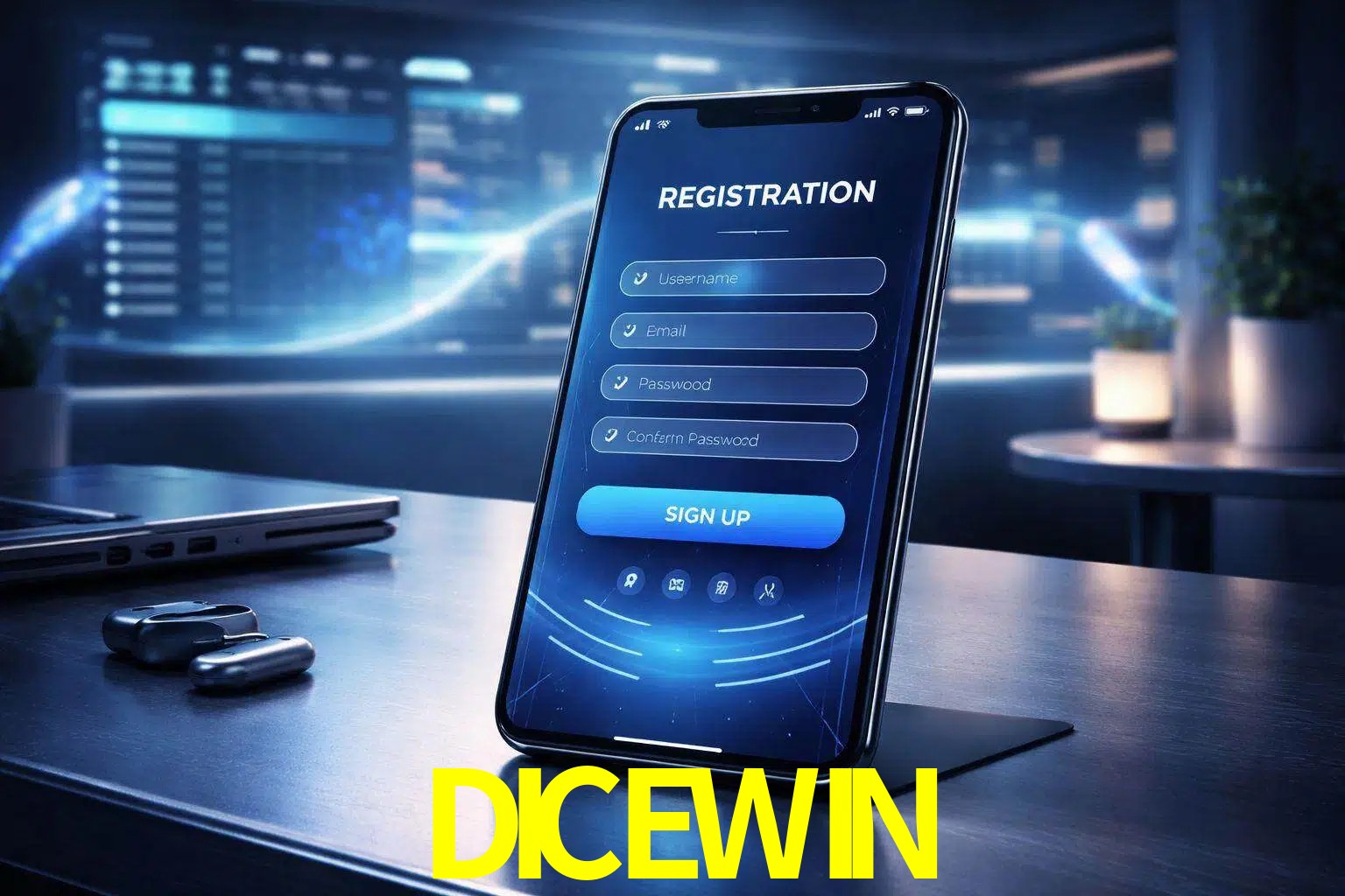 Una interfaz moderna de registro móvil para DICEWIN mostrada en un smartphone con un panel de apuestas elegante.